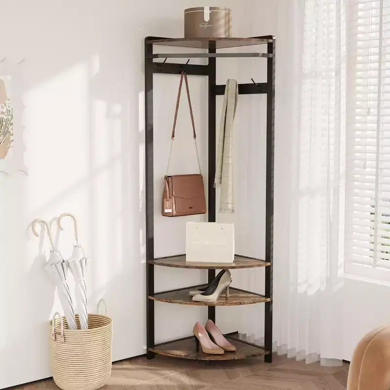 Corner Coat Rack With Shoe Bench for Entryway - Hall Tree With 6 Double Hooks, Clothes Rack With Storage, Organizer Shelf for Hallway, Closet