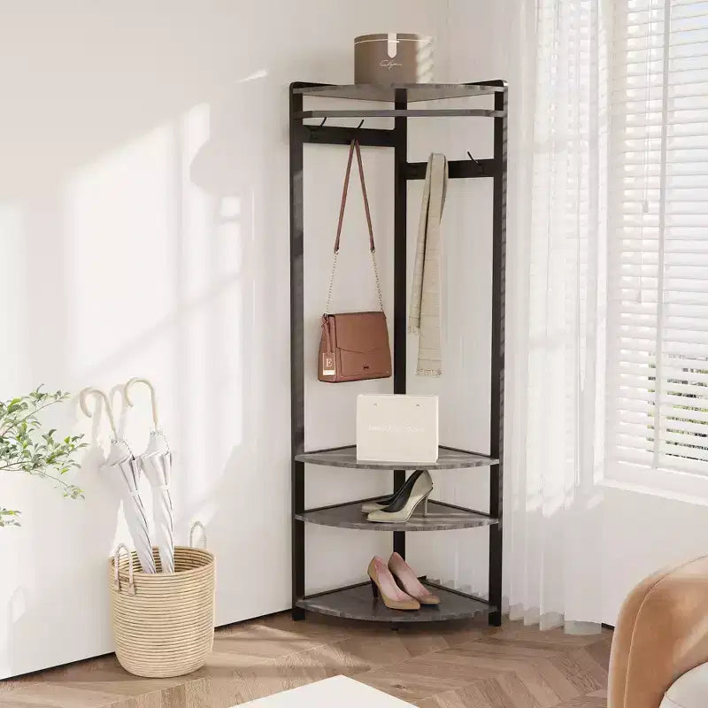 Corner Coat Rack With Shoe Bench for Entryway - Hall Tree With 6 Double Hooks, Clothes Rack With Storage, Organizer Shelf for Hallway, Closet