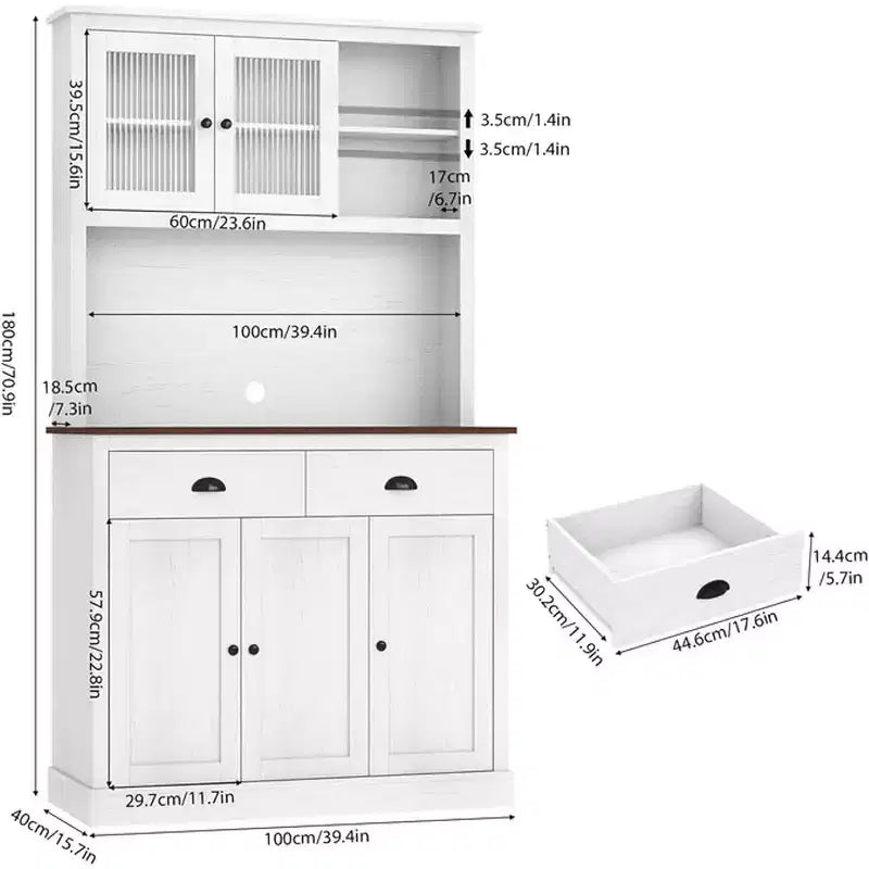 Garde-manger avec tiroirs et étagères réglables, armoire de garde-manger de cuisine autoportante de 180 cm de haut avec support pour micro-ondes, buffet de cuisine