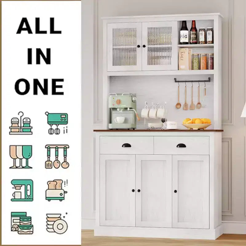 Garde-manger avec tiroirs et étagères réglables, armoire de garde-manger de cuisine autoportante de 180 cm de haut avec support pour micro-ondes, buffet de cuisine