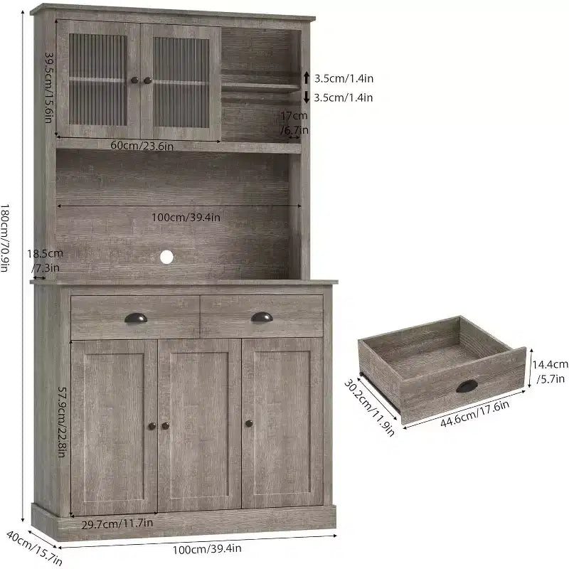 Garde-manger avec tiroirs et étagères réglables, armoire de garde-manger de cuisine autoportante de 180 cm de haut avec support pour micro-ondes, buffet de cuisine