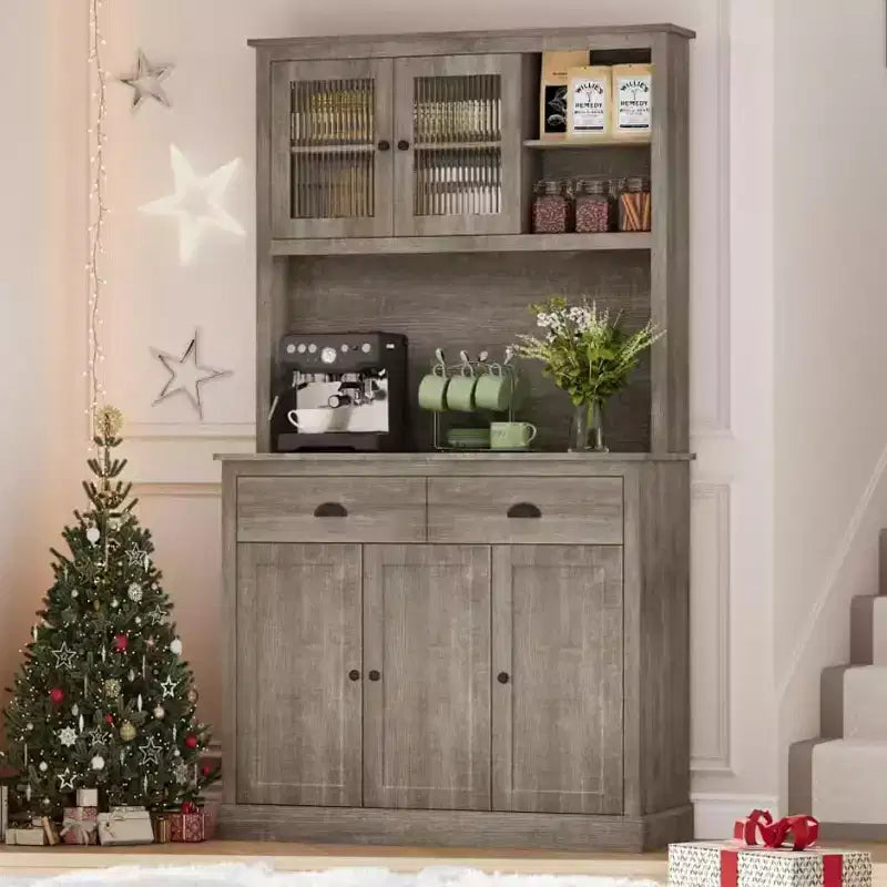 Garde-manger avec tiroirs et étagères réglables, armoire de garde-manger de cuisine autoportante de 180 cm de haut avec support pour micro-ondes, buffet de cuisine