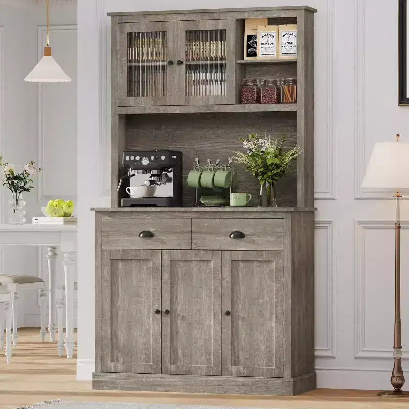 Garde-manger avec tiroirs et étagères réglables, armoire de garde-manger de cuisine autoportante de 180 cm de haut avec support pour micro-ondes, buffet de cuisine