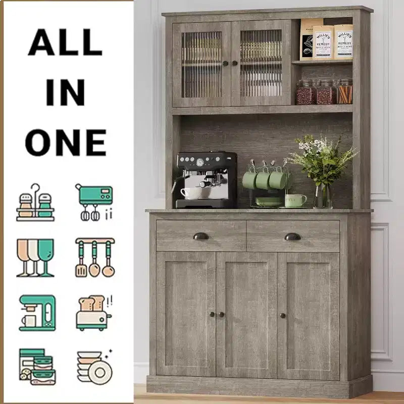 Garde-manger avec tiroirs et étagères réglables, armoire de garde-manger de cuisine autoportante de 180 cm de haut avec support pour micro-ondes, buffet de cuisine