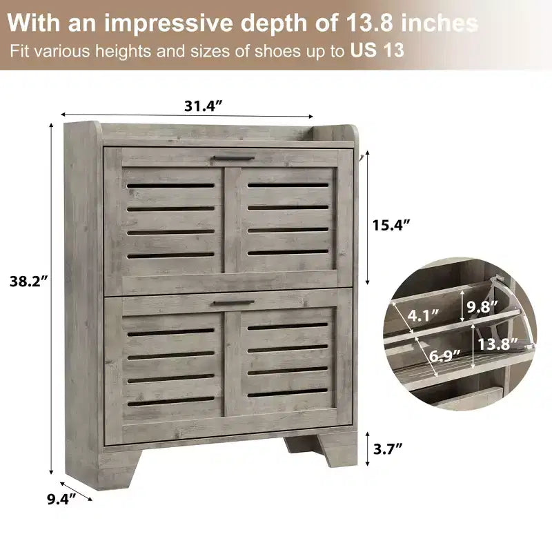CuisinSmart Shoe Storage Cabinet with 2 Flip Drawers, Freestanding Hidden Slim Shoe Organizer Cabinet with Hooks for Foyer, Hallway, Garage