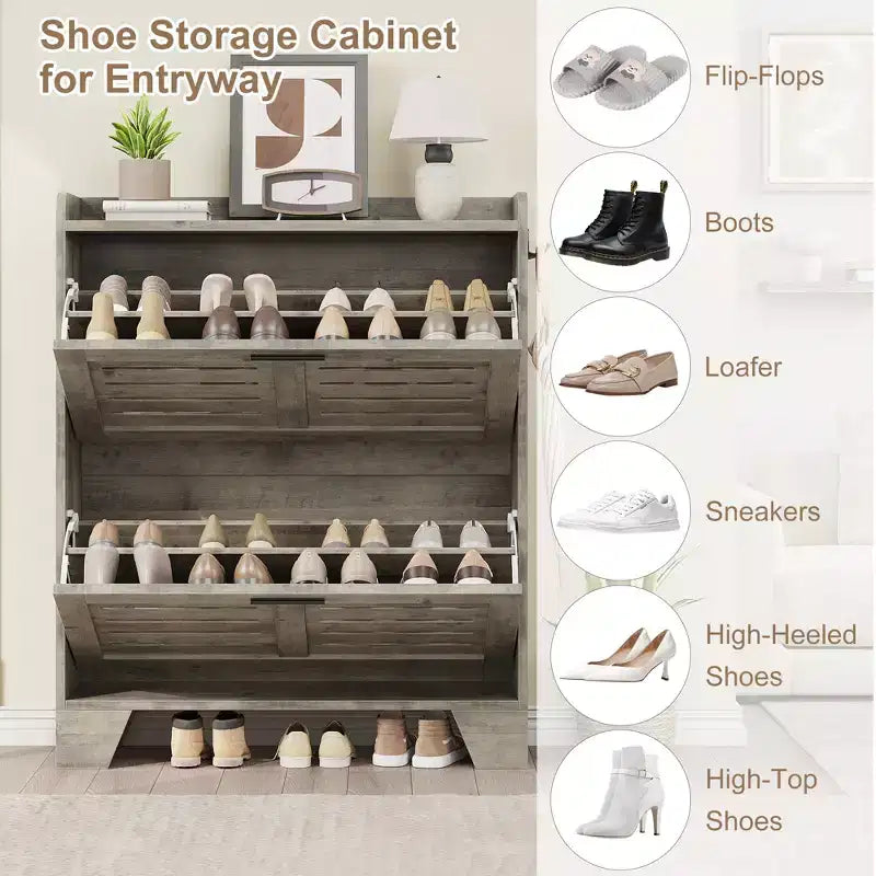CuisinSmart Shoe Storage Cabinet with 2 Flip Drawers, Freestanding Hidden Slim Shoe Organizer Cabinet with Hooks for Foyer, Hallway, Garage