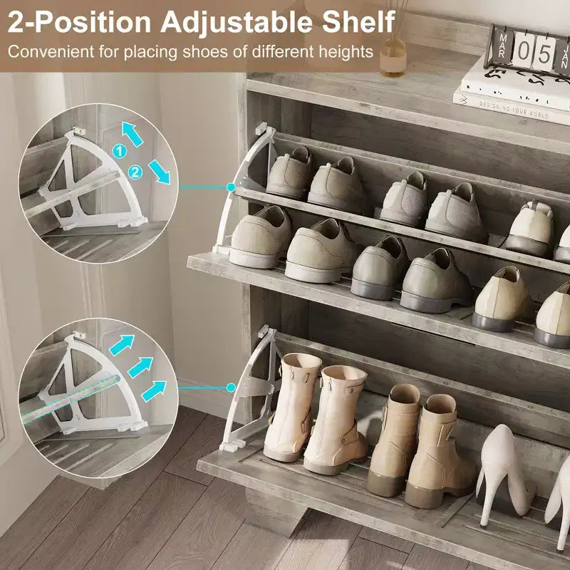 CuisinSmart Shoe Storage Cabinet with 2 Flip Drawers, Freestanding Hidden Slim Shoe Organizer Cabinet with Hooks for Foyer, Hallway, Garage