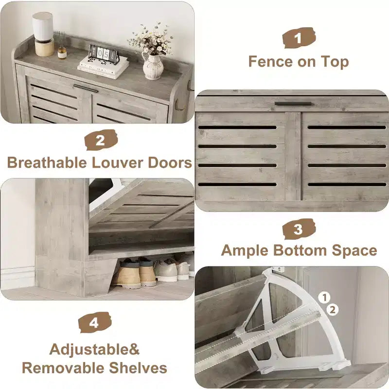 CuisinSmart Shoe Storage Cabinet with 2 Flip Drawers, Freestanding Hidden Slim Shoe Organizer Cabinet with Hooks for Foyer, Hallway, Garage