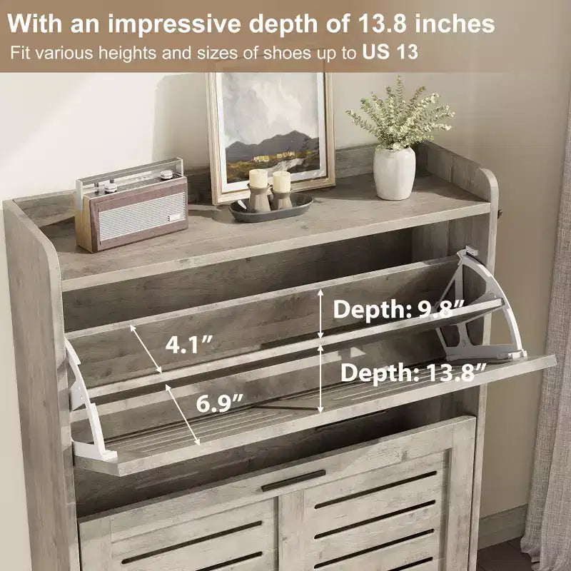 CuisinSmart Shoe Storage Cabinet with 2 Flip Drawers, Freestanding Hidden Slim Shoe Organizer Cabinet with Hooks for Foyer, Hallway, Garage