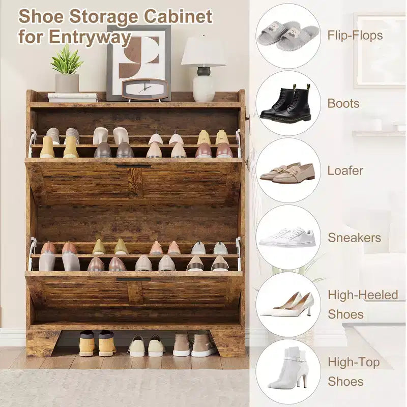 CuisinSmart Shoe Storage Cabinet with 2 Flip Drawers, Freestanding Hidden Slim Shoe Organizer Cabinet with Hooks for Foyer, Hallway, Garage