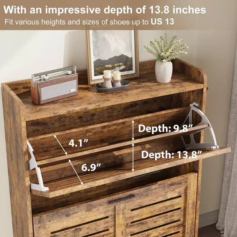 CuisinSmart Shoe Storage Cabinet with 2 Flip Drawers, Freestanding Hidden Slim Shoe Organizer Cabinet with Hooks for Foyer, Hallway, Garage