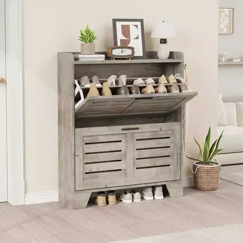 CuisinSmart Shoe Storage Cabinet with 2 Flip Drawers, Freestanding Hidden Slim Shoe Organizer Cabinet with Hooks for Foyer, Hallway, Garage