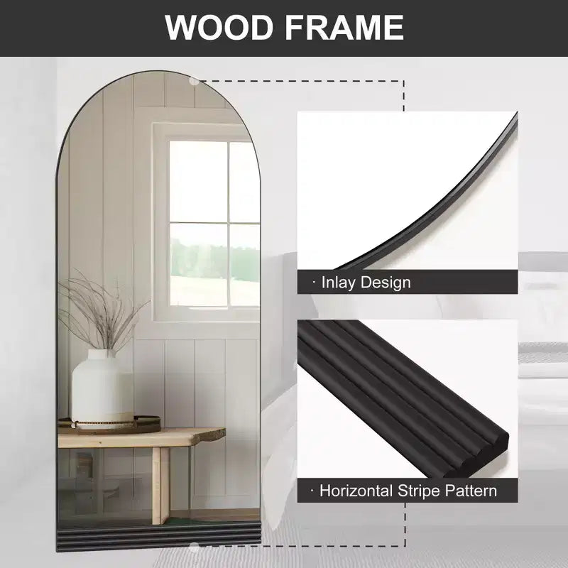 PexFix Miroir mural plein pied de 31 po (l) x 71 po (H) avec cadre en bois arqué et base en bois rayée, noir