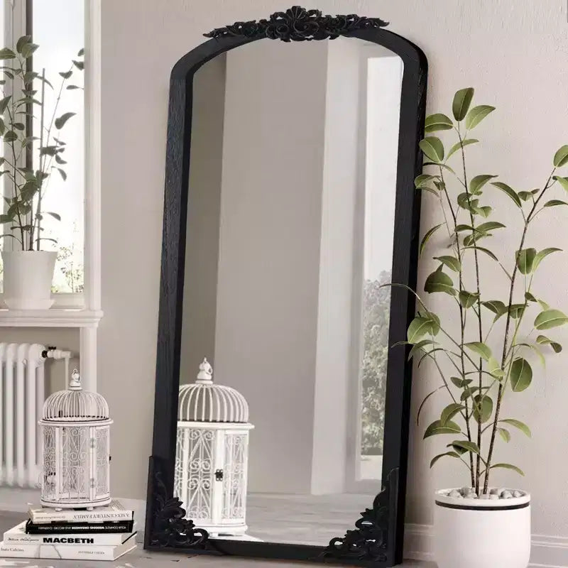 PexFix 30 in. W x 69 in. H Rustic Arched Solid Wood Framed DIY Carved Full Length Mirror in Black