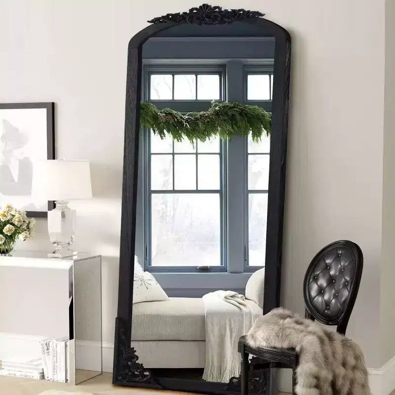 PexFix 30 in. W x 69 in. H Rustic Arched Solid Wood Framed DIY Carved Full Length Mirror in Black