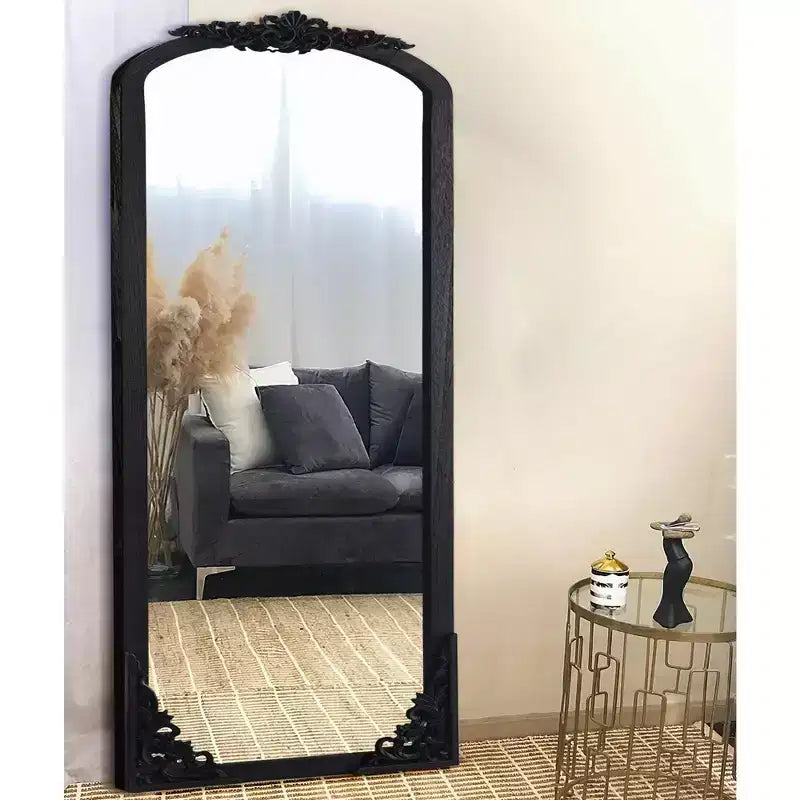 PexFix 30 in. W x 69 in. H Rustic Arched Solid Wood Framed DIY Carved Full Length Mirror in Black