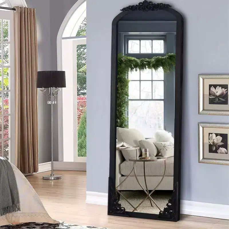 PexFix 30 in. W x 69 in. H Rustic Arched Solid Wood Framed DIY Carved Full Length Mirror in Black