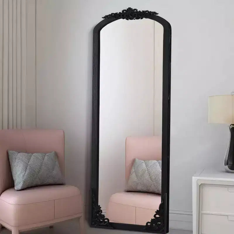 PexFix 30 in. W x 69 in. H Rustic Arched Solid Wood Framed DIY Carved Full Length Mirror in Black