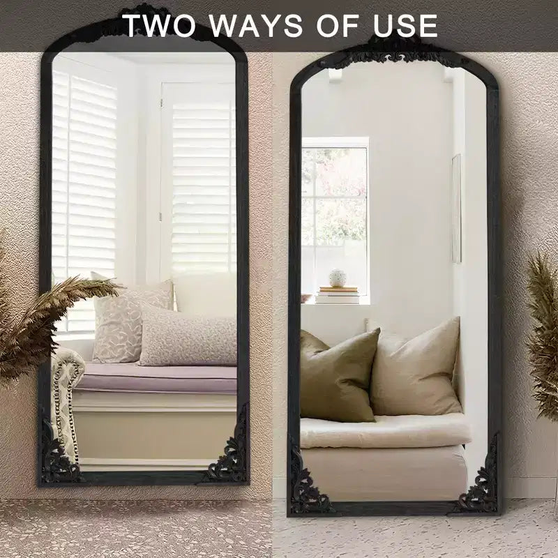 PexFix 30 in. W x 69 in. H Rustic Arched Solid Wood Framed DIY Carved Full Length Mirror in Black