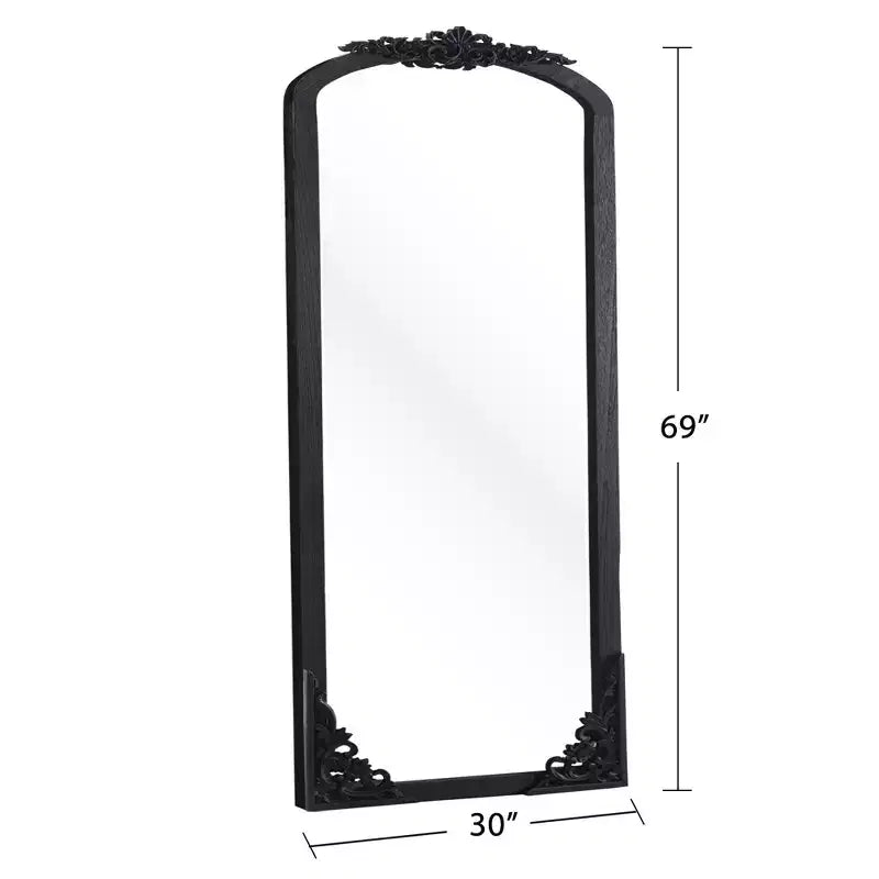 PexFix 30 in. W x 69 in. H Rustic Arched Solid Wood Framed DIY Carved Full Length Mirror in Black