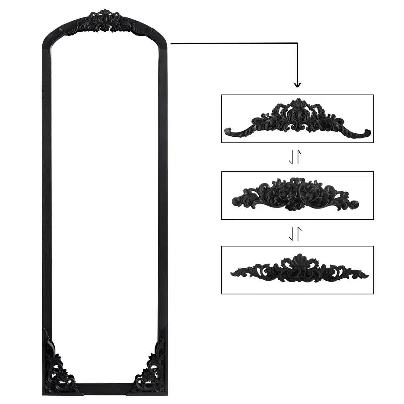 PexFix 30 in. W x 69 in. H Rustic Arched Solid Wood Framed DIY Carved Full Length Mirror in Black