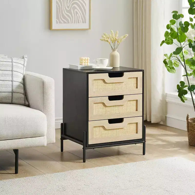 Rattan Night Stand, Farmhouse Nightstand Bedside Table w/3 Drawers, Bedside Table w/Metal Legs, Boho End Side Table Accent Table for Bedroom