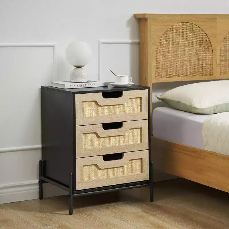 Rattan Night Stand, Farmhouse Nightstand Bedside Table w/3 Drawers, Bedside Table w/Metal Legs, Boho End Side Table Accent Table for Bedroom