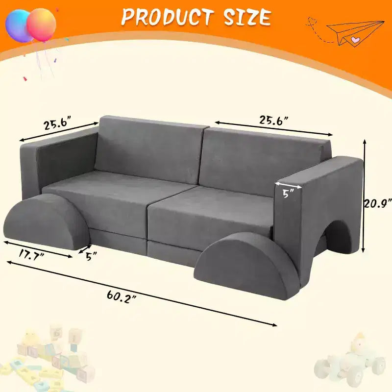 Kids Play Couch 8-Piece Set - Modular Fort Building Sofa for Toddlers (Dark Grey)