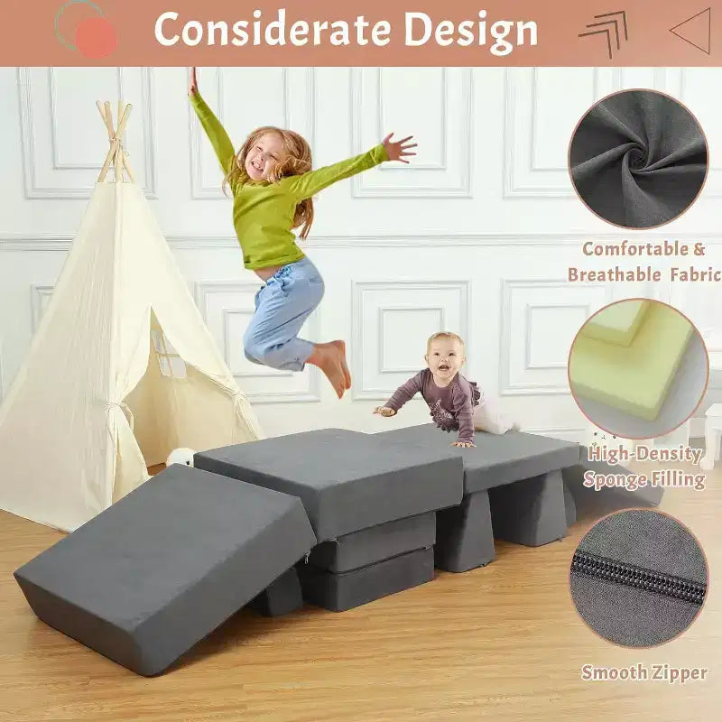 Kids Play Couch 8-Piece Set - Modular Fort Building Sofa for Toddlers (Dark Grey)