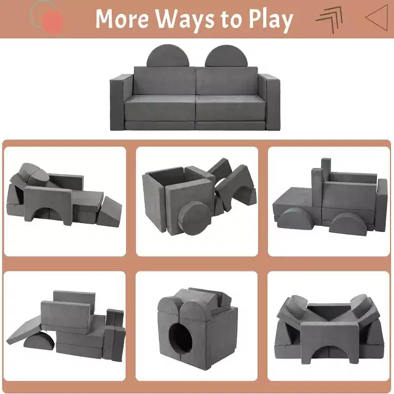 Kids Play Couch 8-Piece Set - Modular Fort Building Sofa for Toddlers (Dark Grey)