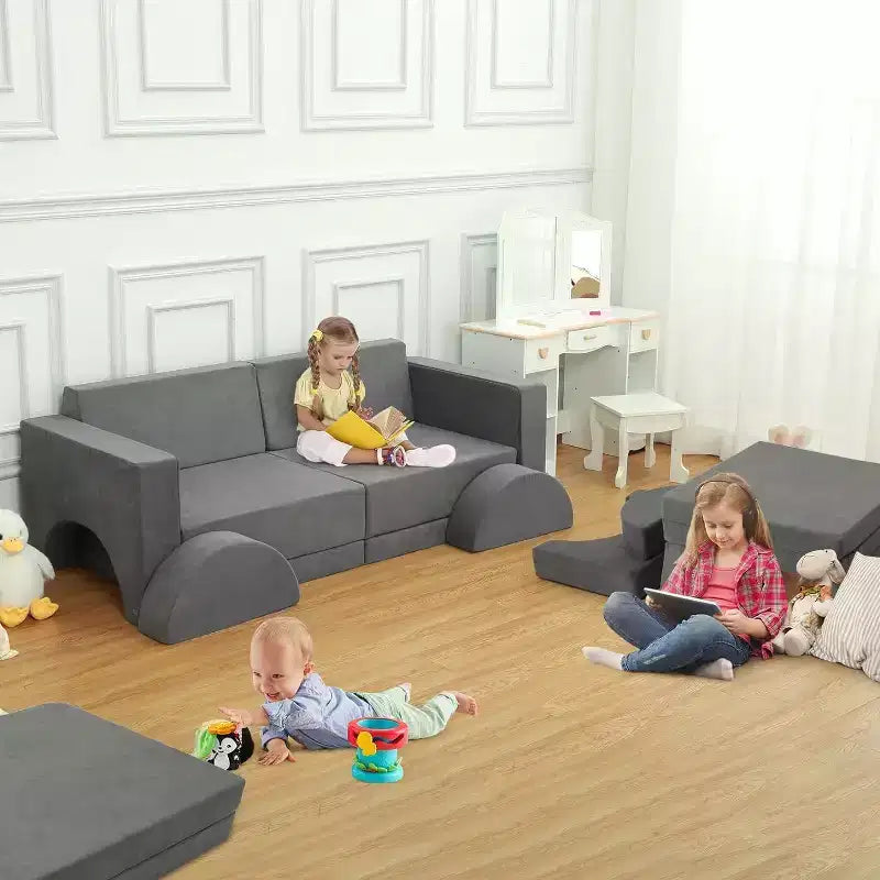 Kids Play Couch 8-Piece Set - Modular Fort Building Sofa for Toddlers (Dark Grey)