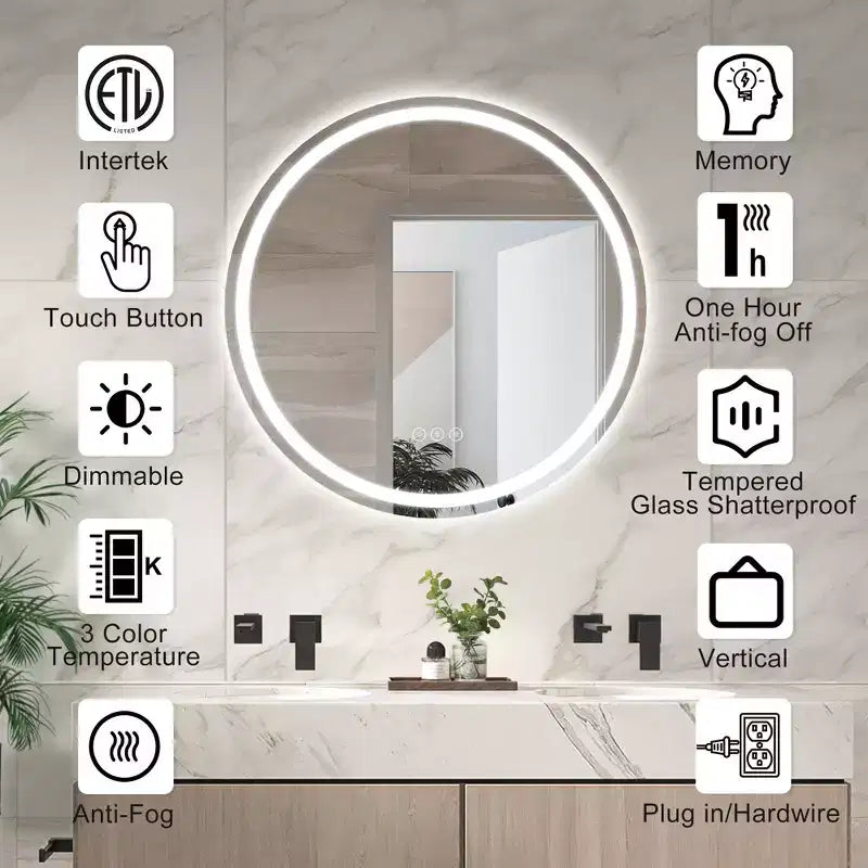 Maxax Modern Round Frameless Led Bathroom Vanity Mirrors Anti-Fog, Dimmable Lights And Shatterproof Mirror