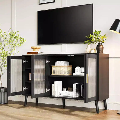 Meuble de rangement Acekool 48 pour console TV, meuble moderne avec 3 portes en verre cannelé, 5 étagères réglables, noir pour salon