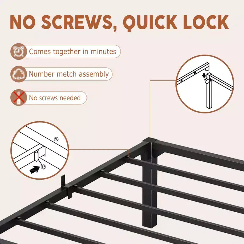 Iron Bed Frame - Screwless Design, Fully Disassembled Flat Iron Bed, Metal Bed Frame, Steel Bed Frame
