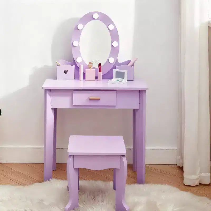 GustoWave Kids Vanity with Mirror and Stool, Girls Vanity with Touch Light and Wood Makeup Playset, Princess Vanity Table for Toddlers