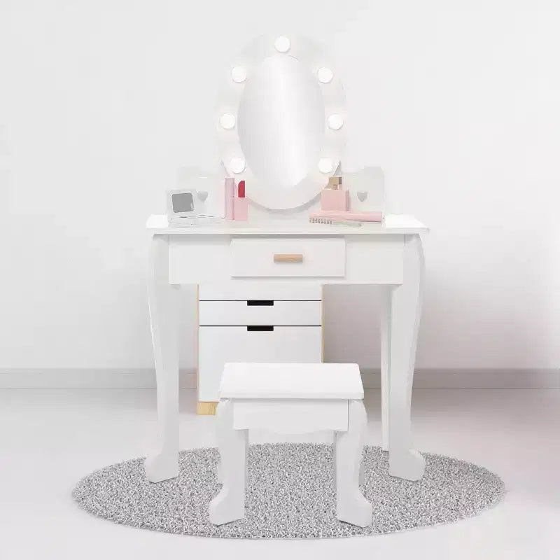 GustoWave Kids Vanity with Mirror and Stool, Girls Vanity with Touch Light and Wood Makeup Playset, Princess Vanity Table for Toddlers
