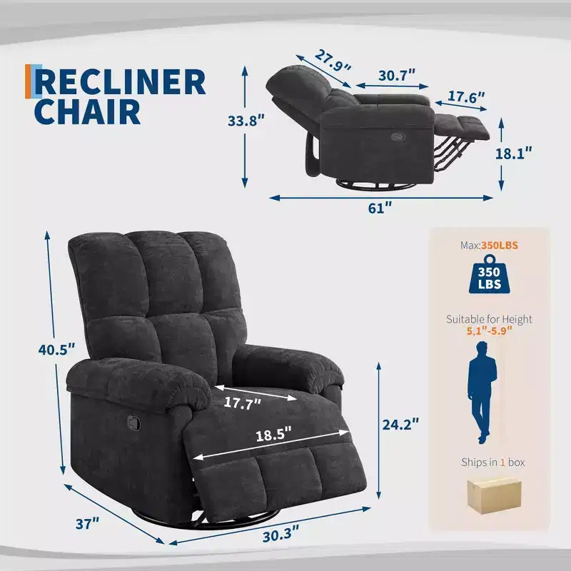 Oversized Recliner Chair, Overstuffed Soft Chenille Swivel Rocker Recliner with Padded Armrests, Nursery Rocking Chairs