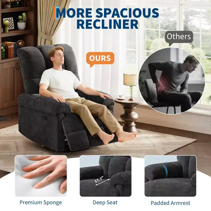 Oversized Recliner Chair, Overstuffed Soft Chenille Swivel Rocker Recliner with Padded Armrests, Nursery Rocking Chairs