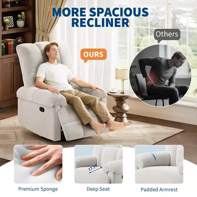 Oversized Recliner Chair, Overstuffed Soft Chenille Swivel Rocker Recliner with Padded Armrests, Nursery Rocking Chairs