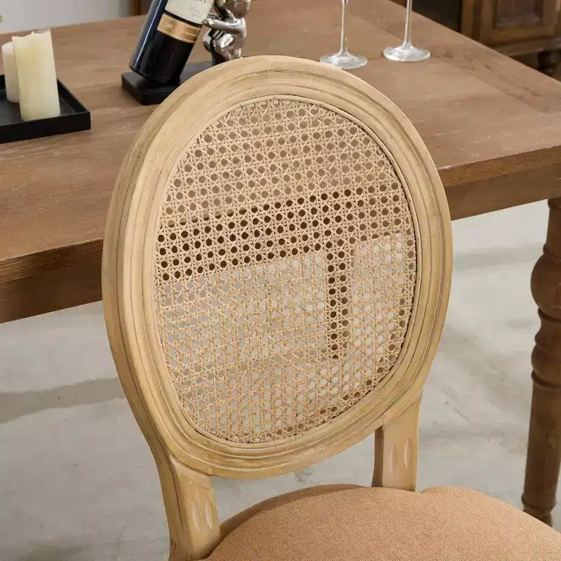 CLIHOME Set of 2 French Style Solid Wood Frame Antique Painting Linen Fabric Rattan Back Dining Chair