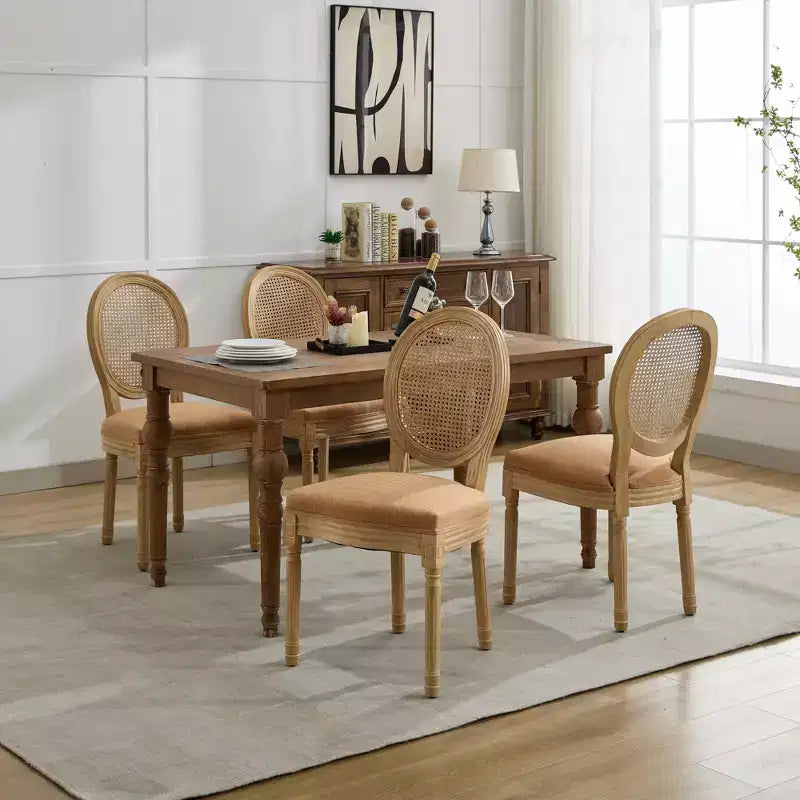 CLIHOME Set of 2 French Style Solid Wood Frame Antique Painting Linen Fabric Rattan Back Dining Chair