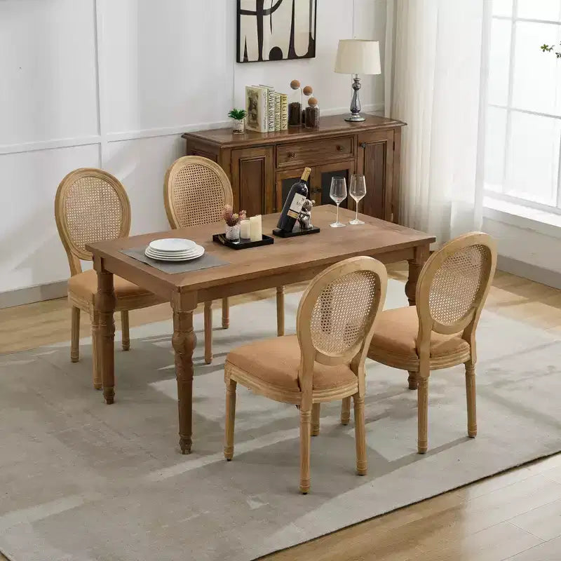 CLIHOME Set of 2 French Style Solid Wood Frame Antique Painting Linen Fabric Rattan Back Dining Chair