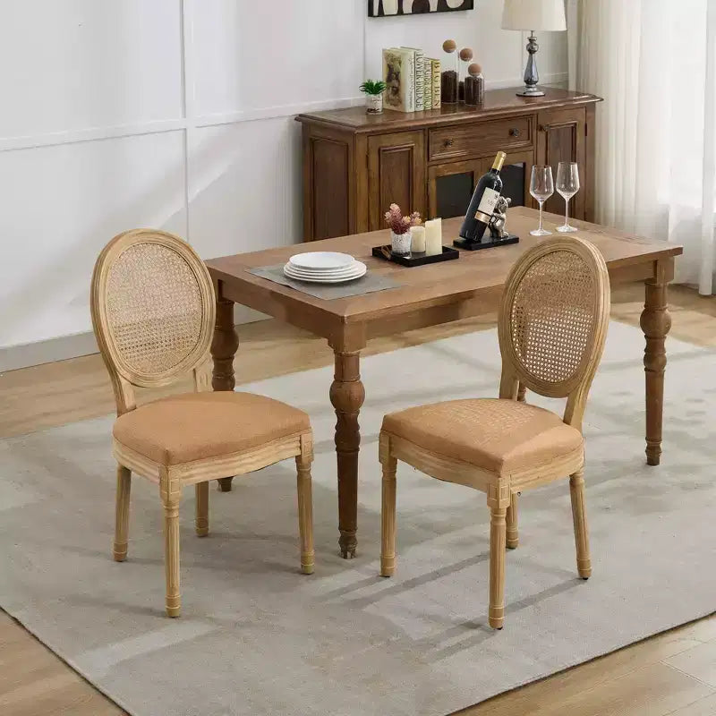CLIHOME Set of 2 French Style Solid Wood Frame Antique Painting Linen Fabric Rattan Back Dining Chair