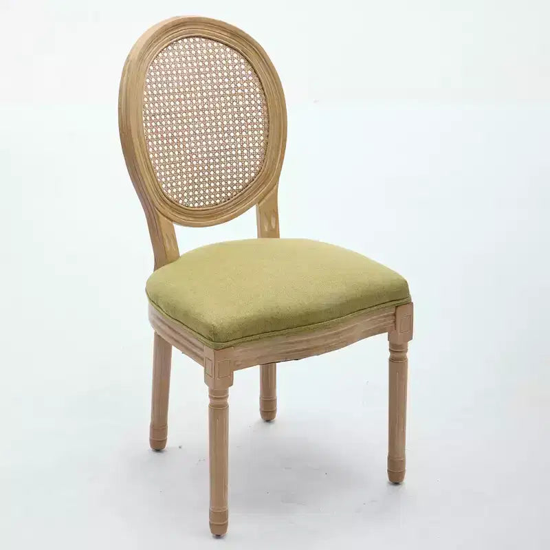 CLIHOME Lot de 2 Chaises de Salle à Manger Style Français avec Cadre en Bois Massif, Peinture Antique, Tissu de Lin et Dossier en Rotin