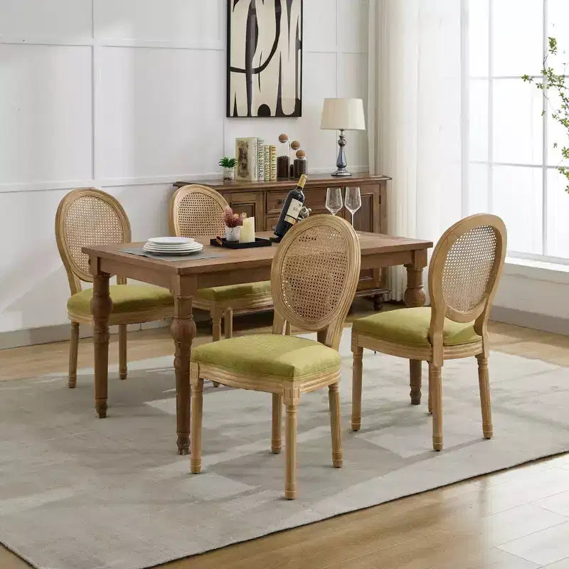 CLIHOME Set of 2 French Style Solid Wood Frame Antique Painting Linen Fabric Rattan Back Dining Chair