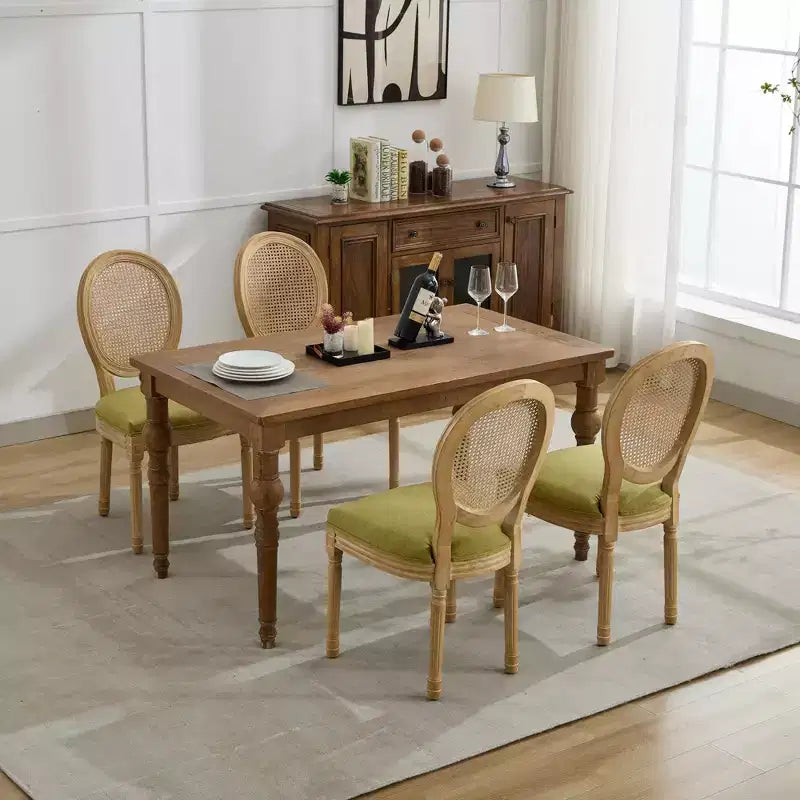CLIHOME Set of 2 French Style Solid Wood Frame Antique Painting Linen Fabric Rattan Back Dining Chair