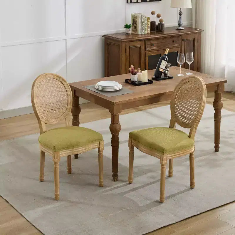 CLIHOME Set of 2 French Style Solid Wood Frame Antique Painting Linen Fabric Rattan Back Dining Chair