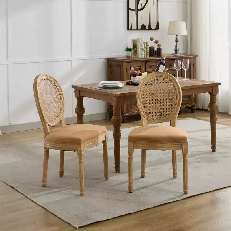 CLIHOME Lot de 2 Chaises de Salle à Manger Style Français avec Cadre en Bois Massif, Peinture Antique, Tissu de Lin et Dossier en Rotin