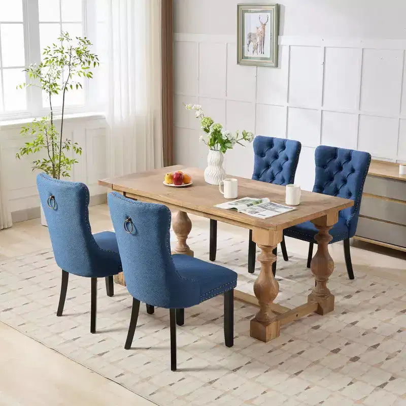 CLIHOME Lot de 2 chaises de salle à manger haut de gamme capitonnées en bois massif, rembourrées en lin avec pieds en bois et clous décoratifs