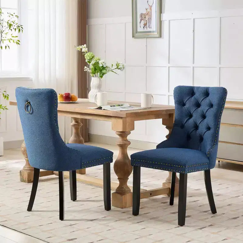 CLIHOME Lot de 2 chaises de salle à manger haut de gamme capitonnées en bois massif, rembourrées en lin avec pieds en bois et clous décoratifs
